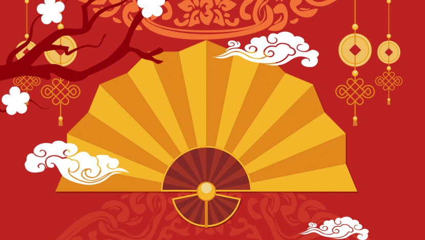 红色中国风扇子年货百货新年春节海报背景