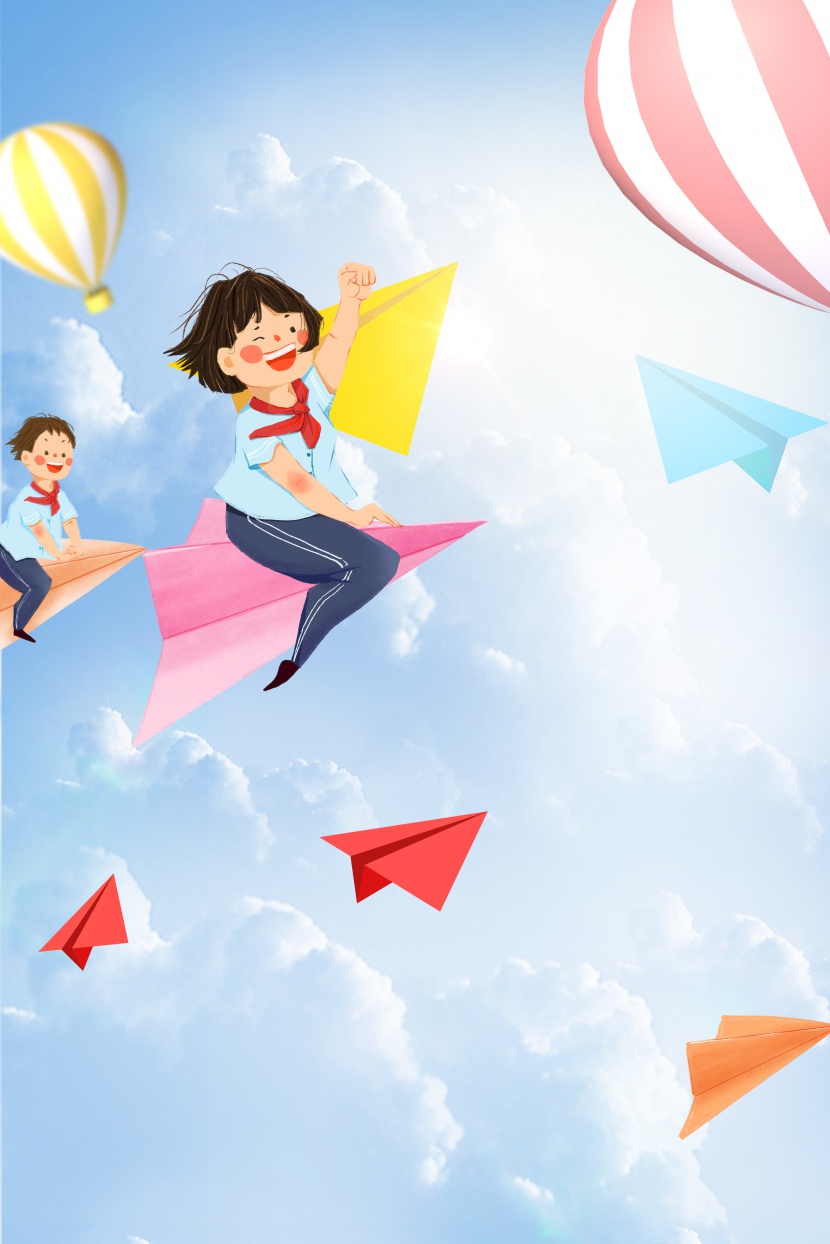 六一儿童节纸飞机热气球海报