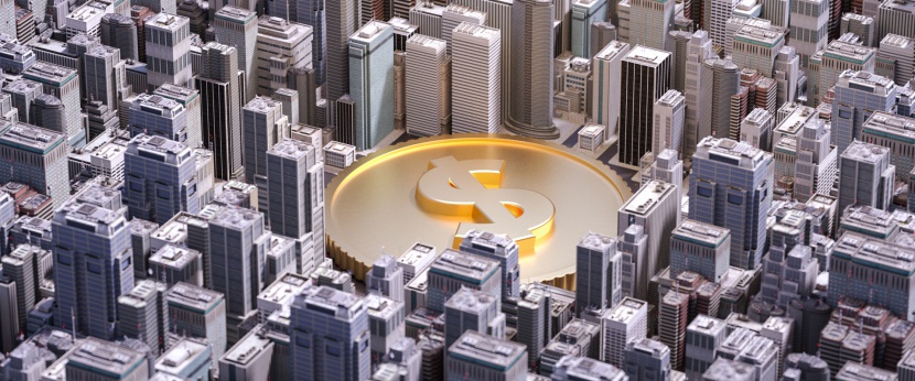 C4D金融风格城市群金币电商背景海报