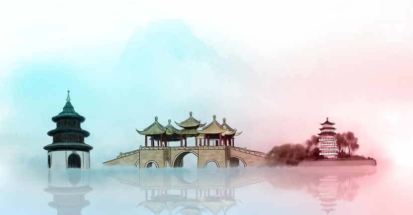 简约旅游城市扬州地标建筑背景海报